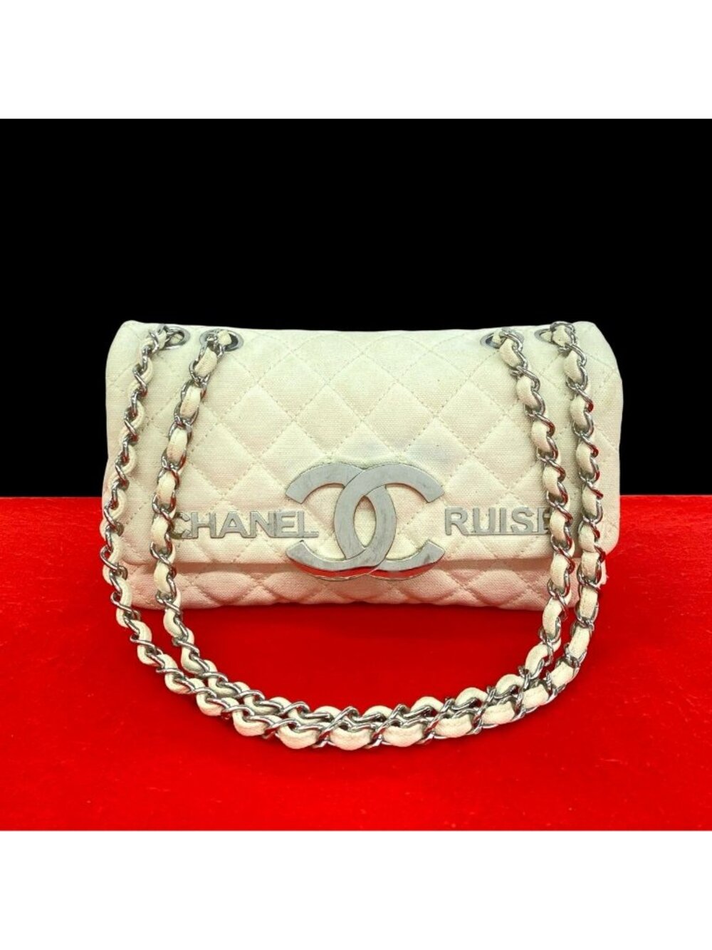 Chanel Cruise Collection Quilted CC Logo Canvas Shoulder Bag Ivory